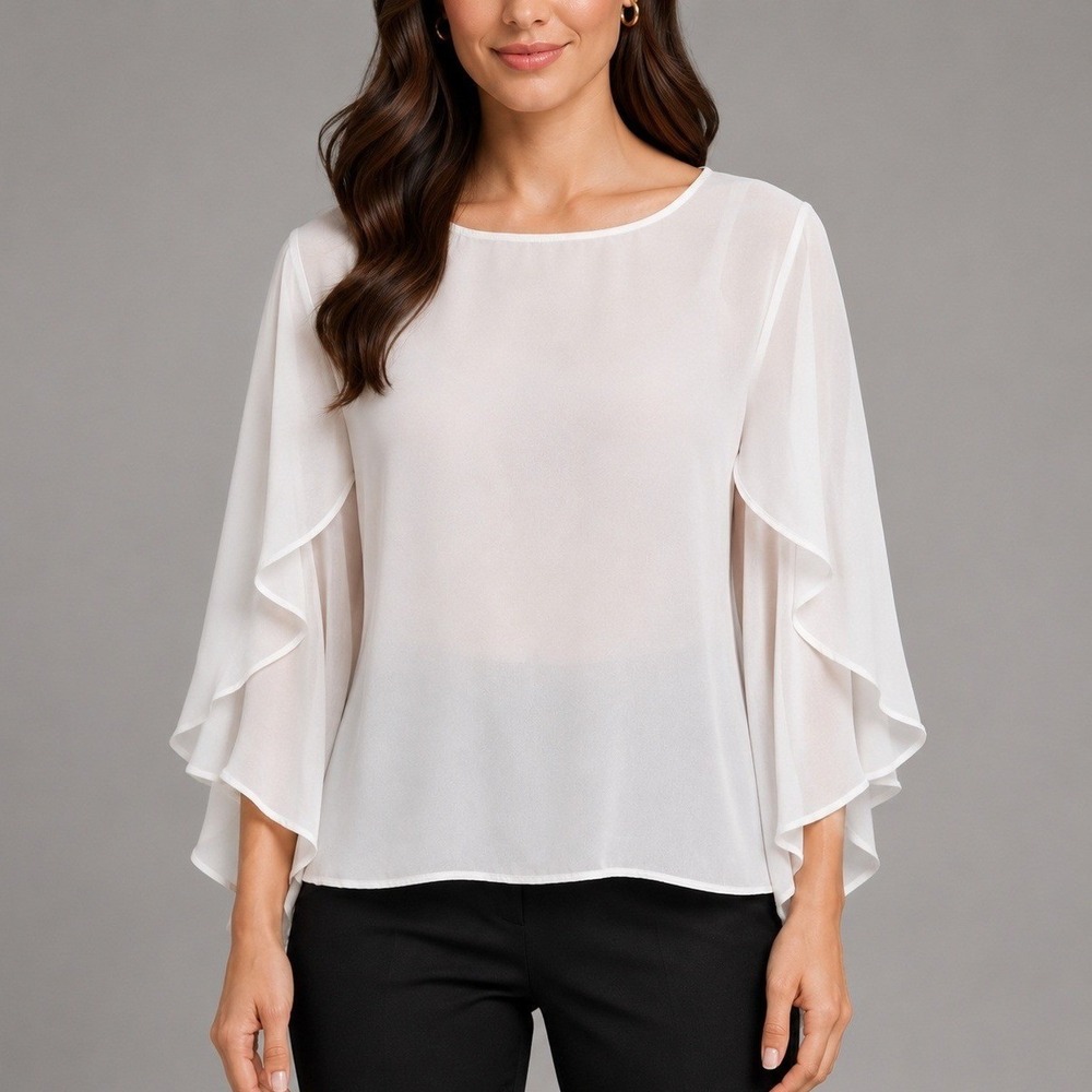 Shein Curve Blouse Womans 1XL White Ruffle Layered Sleeve Chiffon Blouse Top